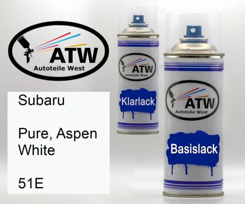 Subaru, Pure, Aspen White, 51E: 400ml Sprühdose + 400ml Klarlack - Set, von ATW Autoteile West.